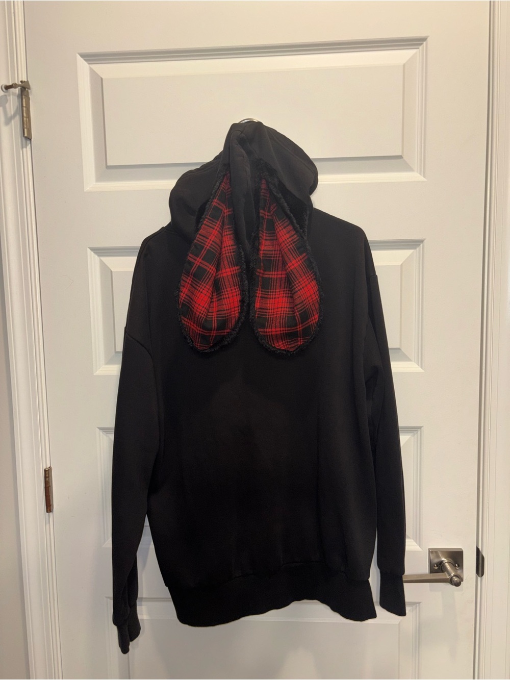 Current Mood Black Oversized Hoodie with Red Plaid Black Faux Fur Bunny Ears